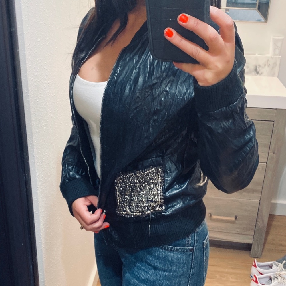 Topshop moto bomber vegan leather bead stud jacket - Picture 3 of 8